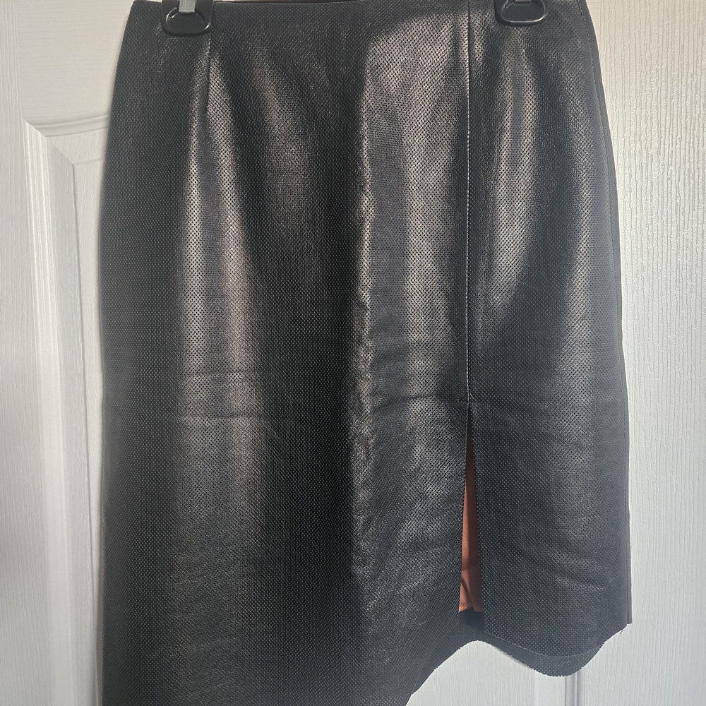 Vittorio Black Faux Leather Asymmetrical Skirt with Side Vent